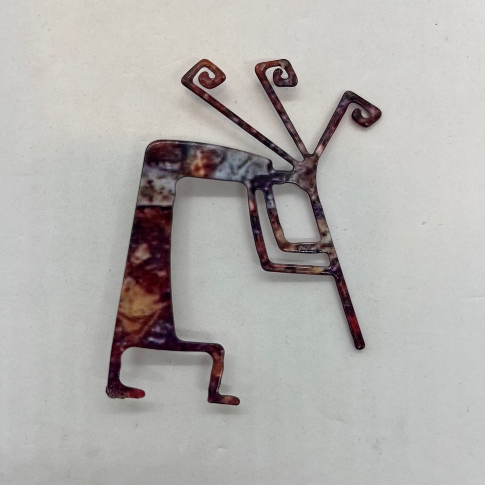 KokoPelli Flute Player Metal Enamel Brooch Purple Tones 2 1/2 Inch Southwest